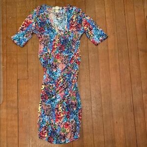 MICHAEL Michael Kors Blue and Red Sheath Midi Dress V-Neck 3/4 Sleeve